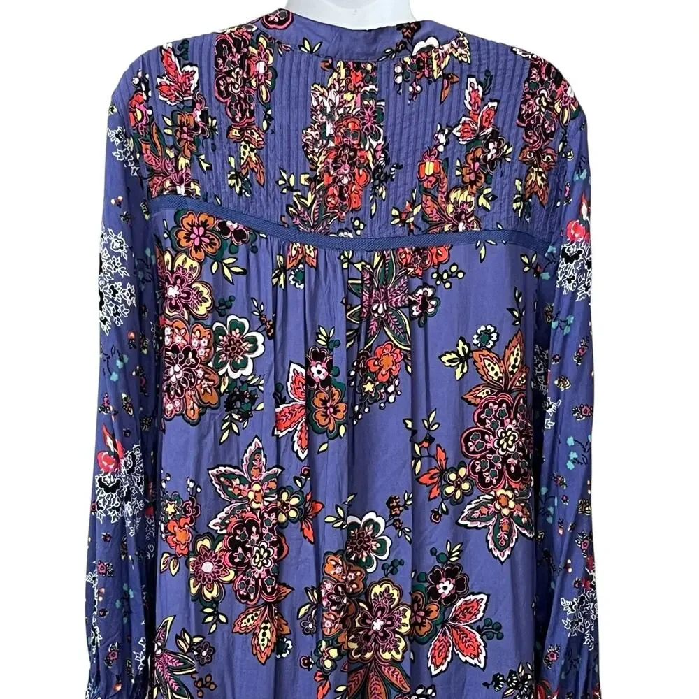 Anthropologie Diana Pintucked Tunic Dress Sz S Ruffled Hem Bubble Sleeve Floral - Picture 5 of 12